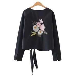 Back Embroidery Cotton Tie-front Blouse
